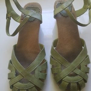 Green leather low wedge sandals